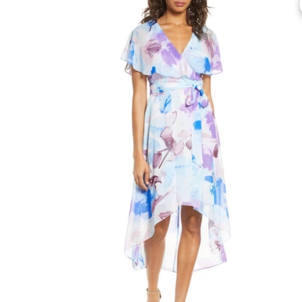 NWT Eliza J Watercolor Floral Flutter High/low Faux Wrap Dress In Blue Size 10